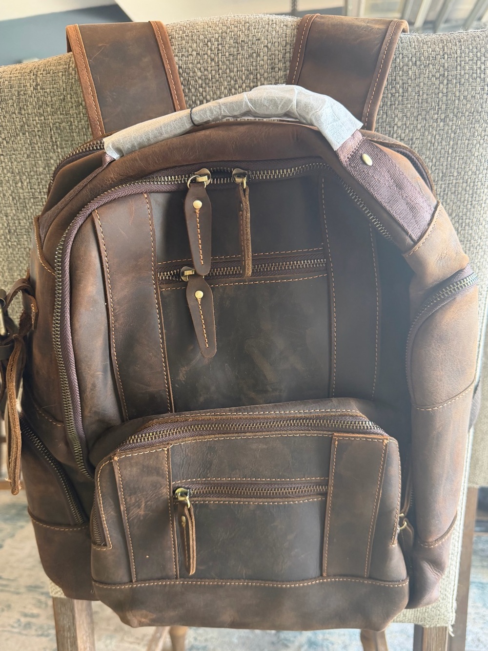 Men's Brown Leather Backpack with Front Utility Pocket